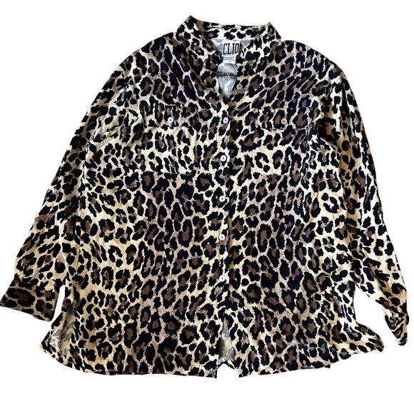 VTG 90s 100% Silk Clio Women's Button Up Leopard Blouse Size Medium - Picture 1 of 5
